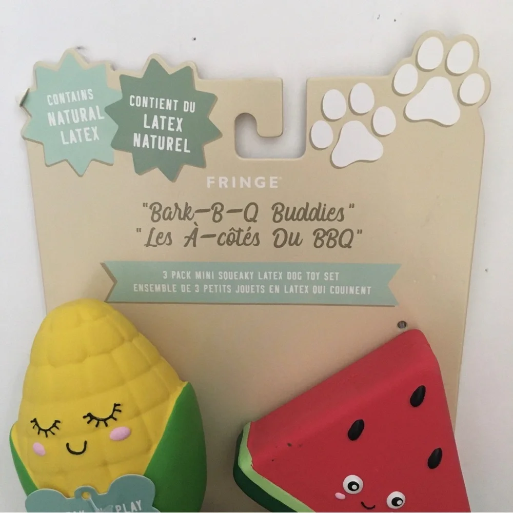 Dog Toys Squeaky Latex “Bark-B-Q Buddies” Hot dog Corn Watermelon NEW | Fringe